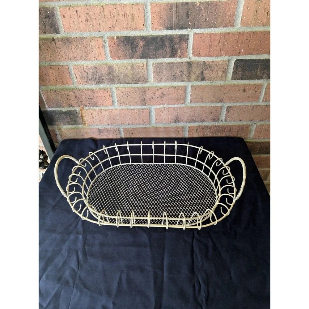 Mid-Century 1960s Style White Wire Basket French Country Scrolled Loop Edged Egg